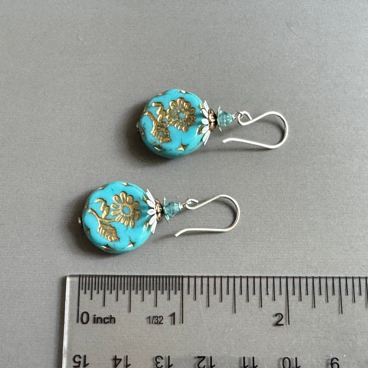 Czech Blue and Gold Coin Earrings in Sterling Silver