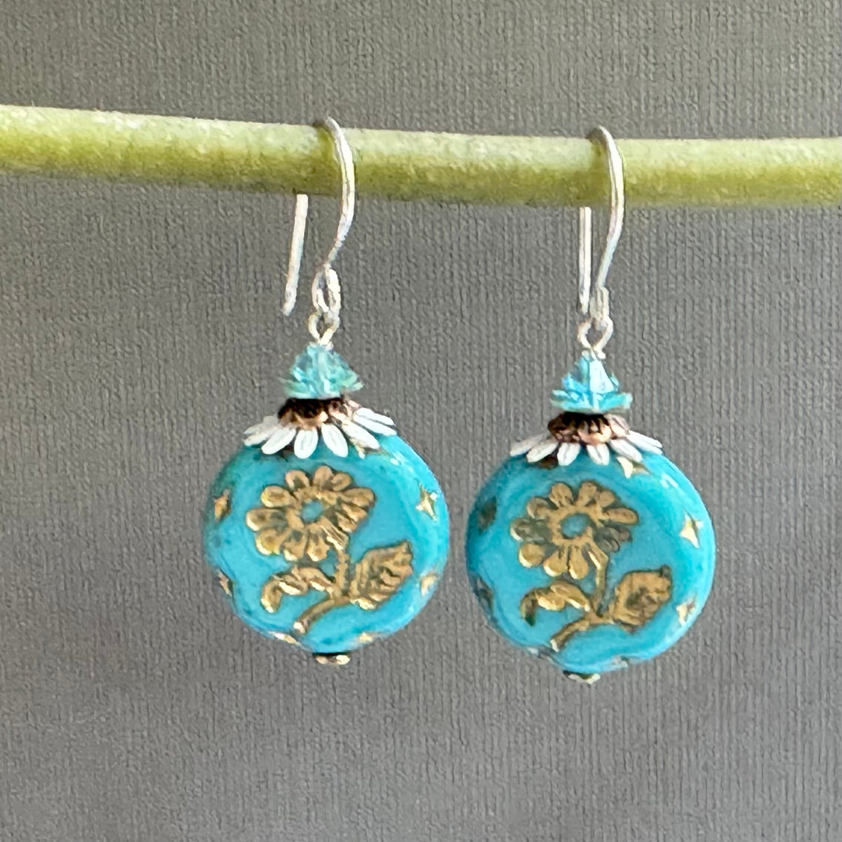 Czech Blue and Gold Coin Earrings in Sterling Silver