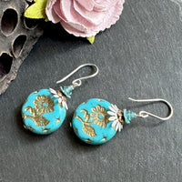 Czech Blue and Gold Coin Earrings in Sterling Silver