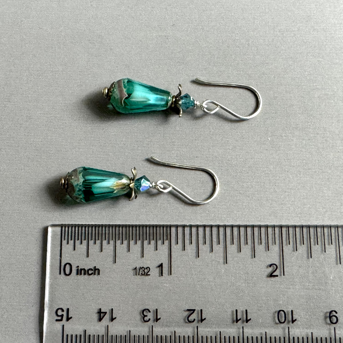 Czech Glass Seafoam Blue Faceted Dangle Drop Earrings in Sterling Silver