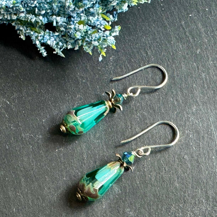 Czech Glass Seafoam Blue Faceted Dangle Drop Earrings in Sterling Silver