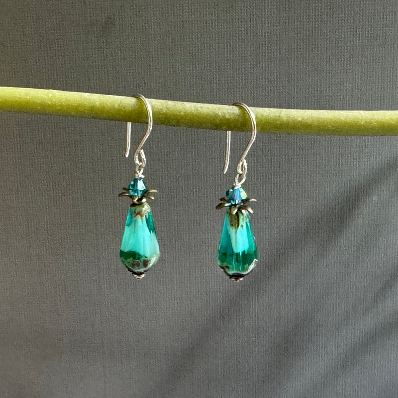 Czech Glass Seafoam Blue Faceted Dangle Drop Earrings in Sterling Silver