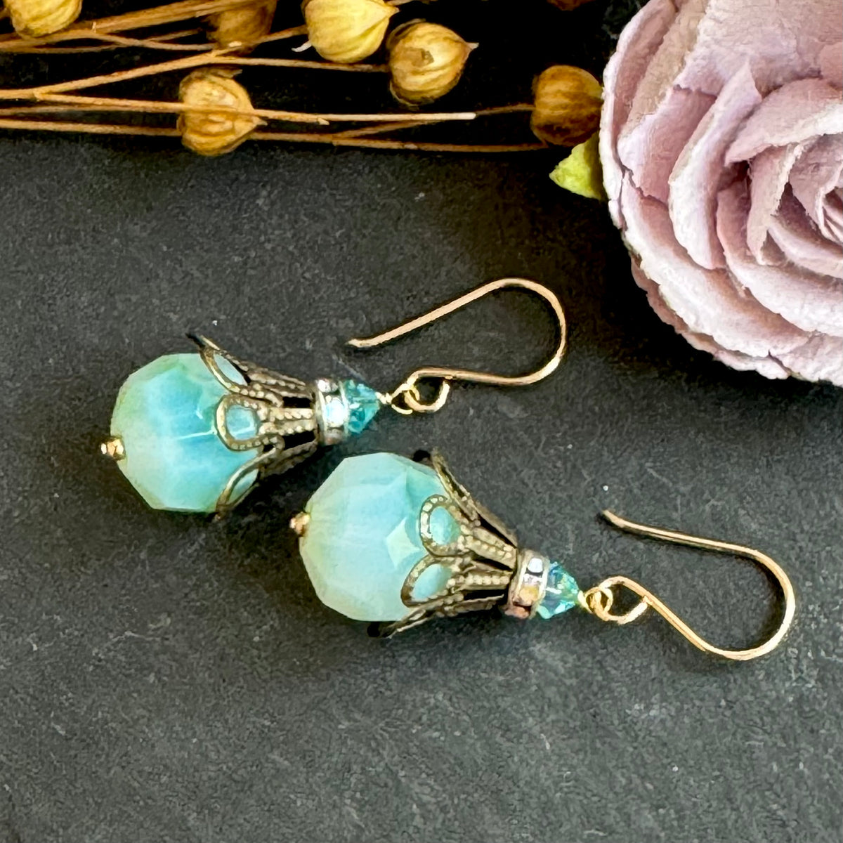Vintage Czech Glass Earrings of Blue and Green in 14K Gold Fill