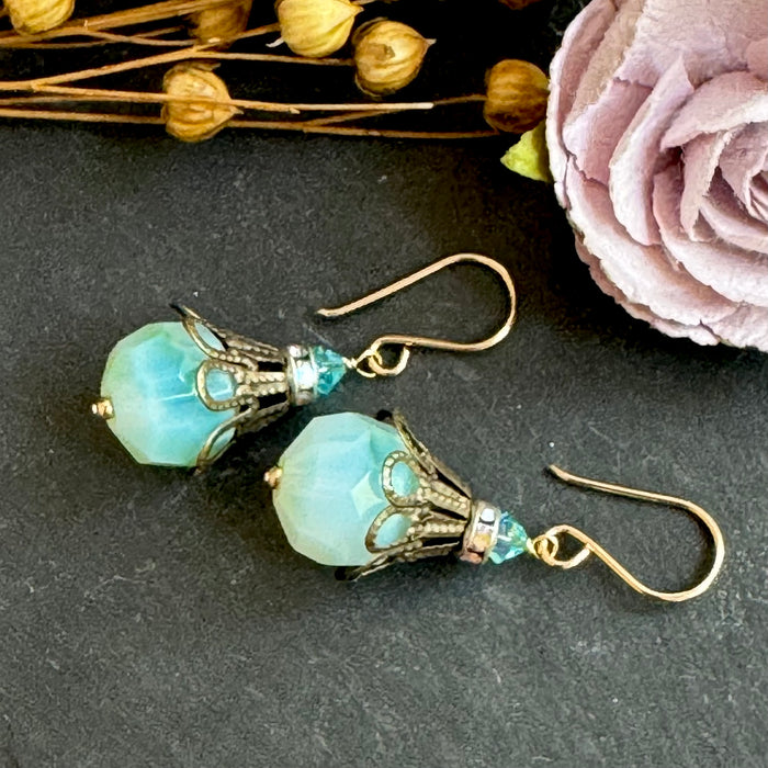 Vintage Czech Glass Earrings of Blue and Green in 14K Gold Fill