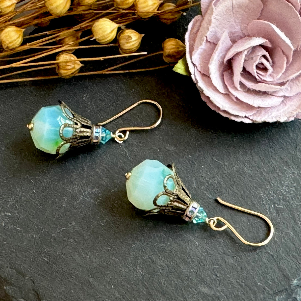 Vintage Czech Glass Earrings of Blue and Green in 14K Gold Fill