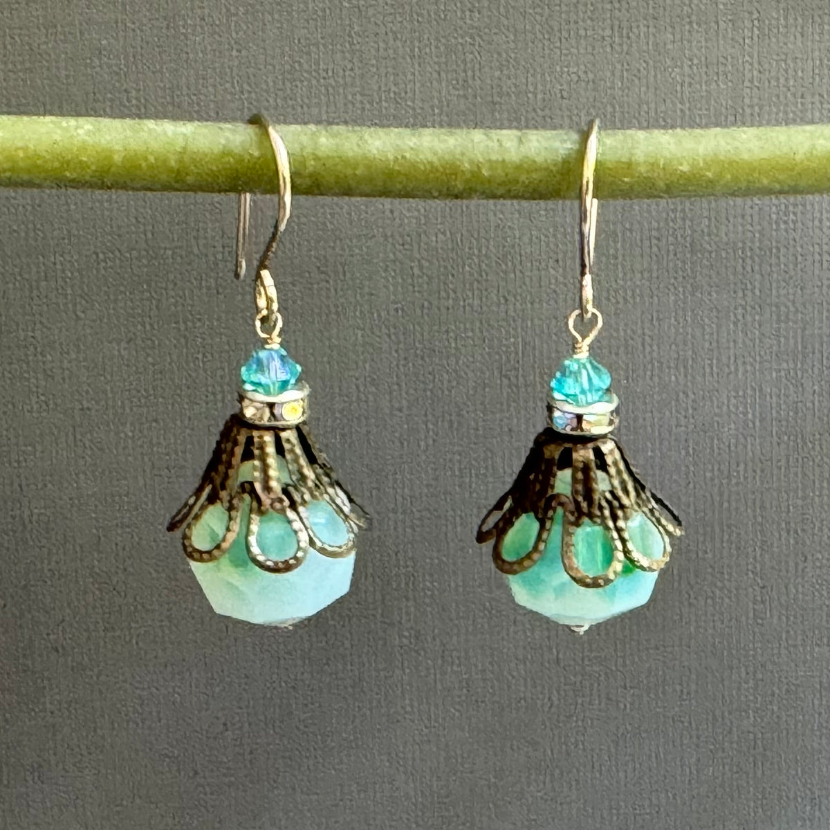 Vintage Czech Glass Earrings of Blue and Green in 14K Gold Fill