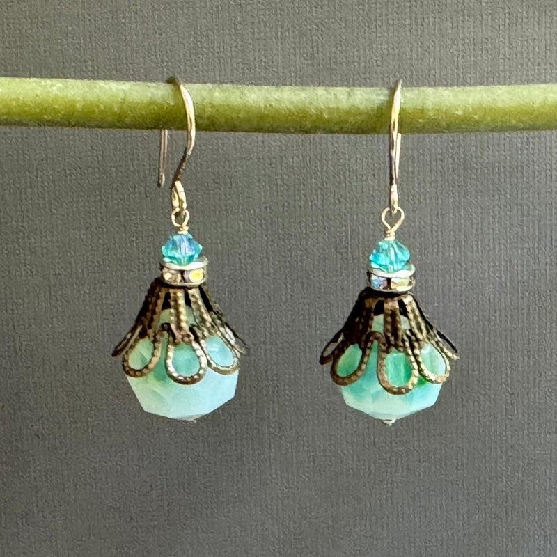 Vintage Czech Glass Earrings of Blue and Green in 14K Gold Fill