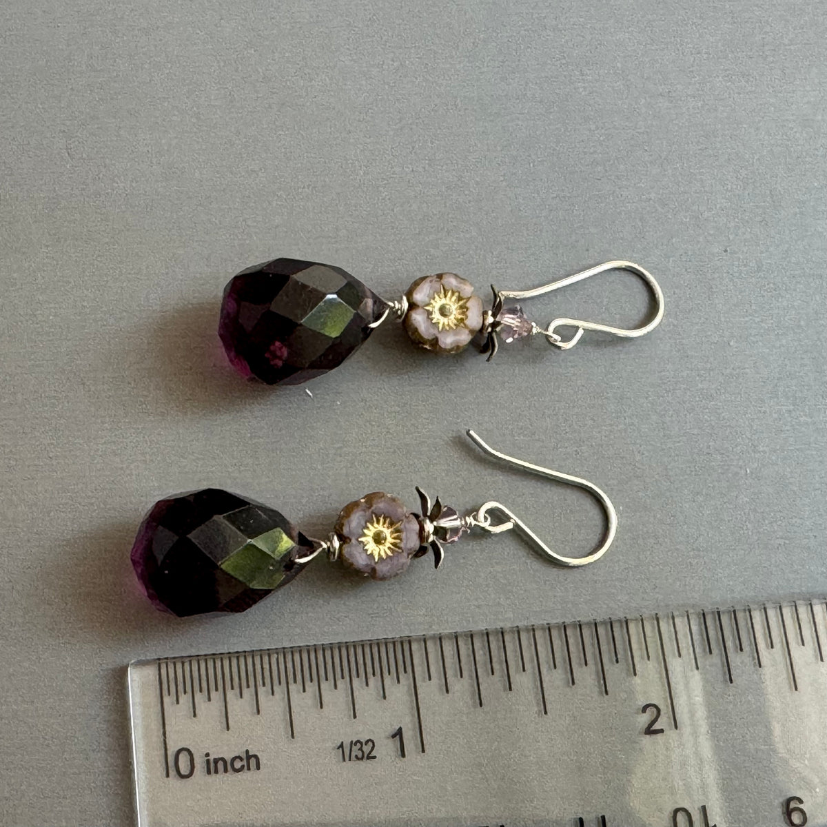 Purple Quartz and Czech Glass Earrings in Sterling Silver