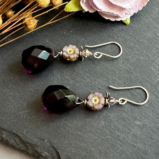 Purple Quartz and Czech Glass Earrings in Sterling Silver