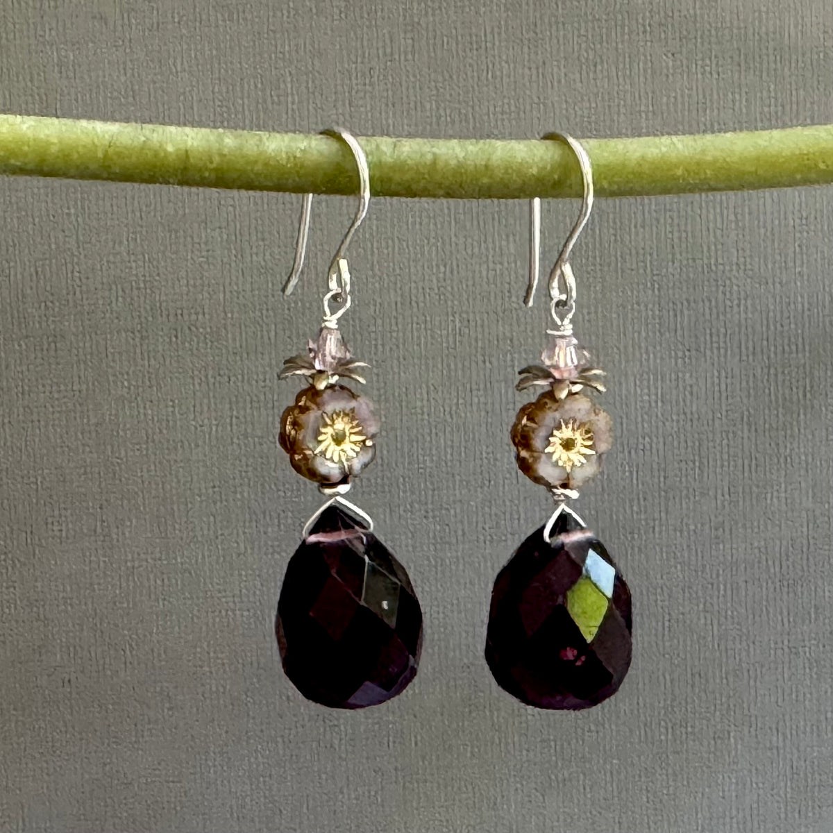 Purple Quartz and Czech Glass Earrings in Sterling Silver