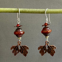 Czech Glass Pumpkin Orange and Copper Leaf Earrings in Sterling Silver