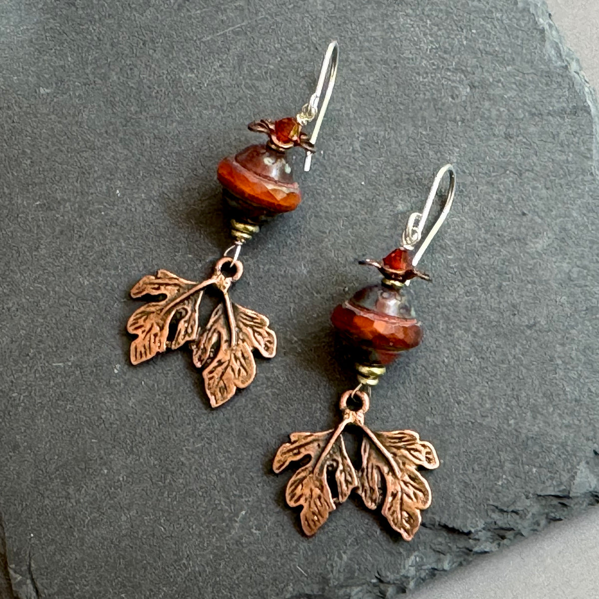 Czech Glass Pumpkin Orange and Copper Leaf Earrings in Sterling Silver