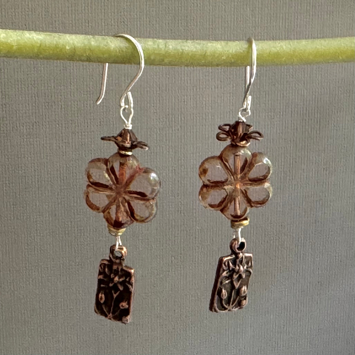Czech Glass Brown Flower and Copper Flower Motif Earrings in Sterling Silver