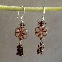 Czech Glass Brown Flower and Copper Flower Motif Earrings in Sterling Silver