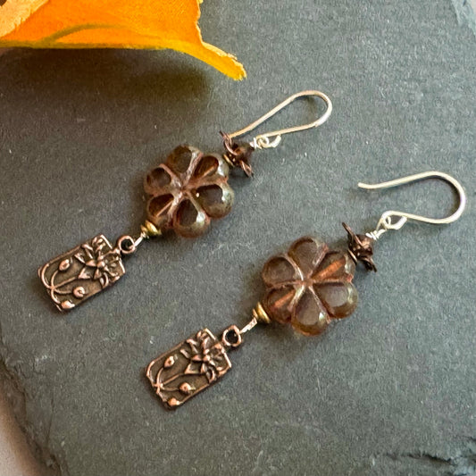 Czech Glass Brown Flower and Copper Flower Motif Earrings in Sterling Silver