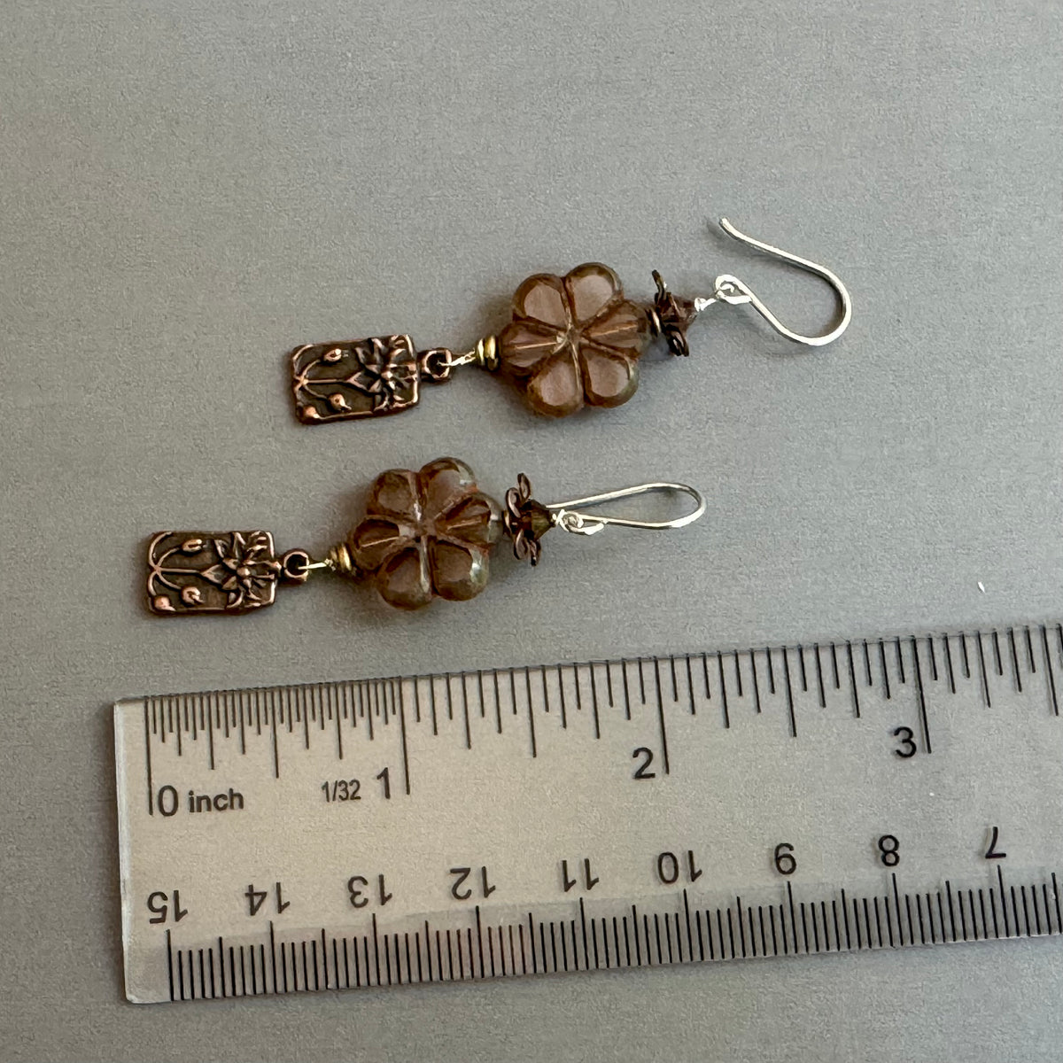 Czech Glass Brown Flower and Copper Flower Motif Earrings in Sterling Silver