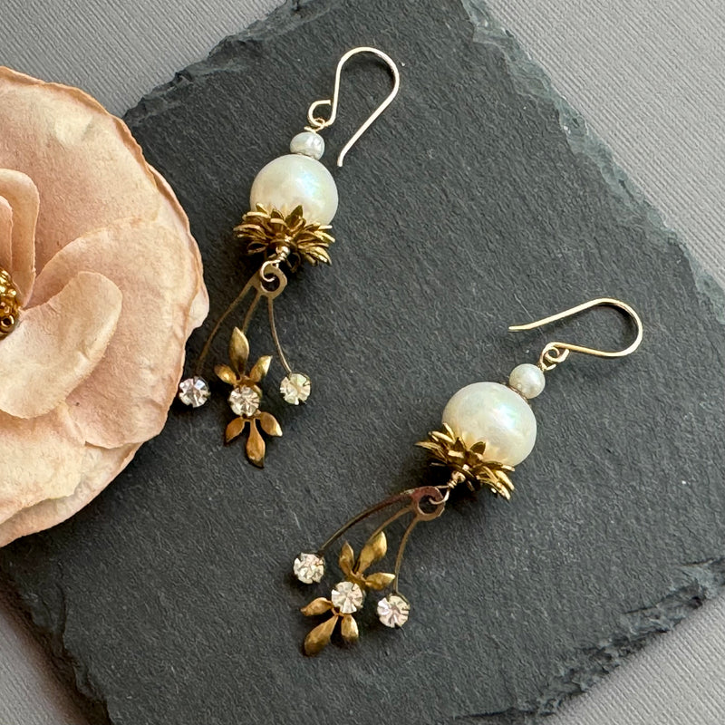Vintage Swarovski Crystal and Freshwater Pearl Earrings in 14K Gold Fill
