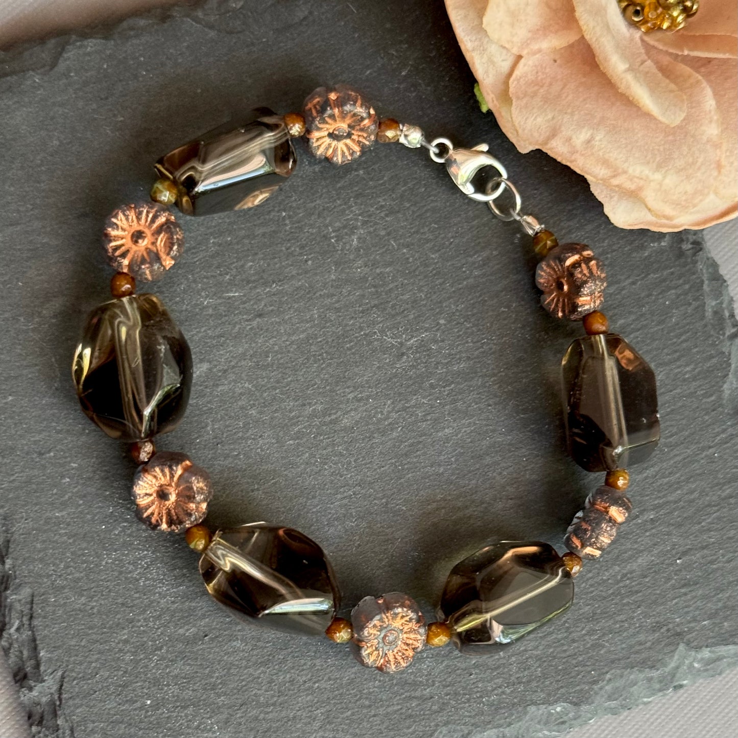 Smoky Quartz and Czech Glass Bracelet in Sterling Silver
