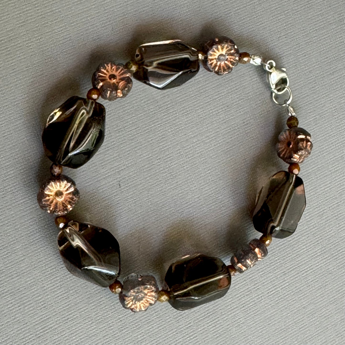 Smoky Quartz and Czech Glass Bracelet in Sterling Silver
