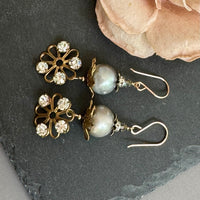 Vintage Swarovski Crystal and Gray Freshwater Pearl Earrings in 14K Gold Fill