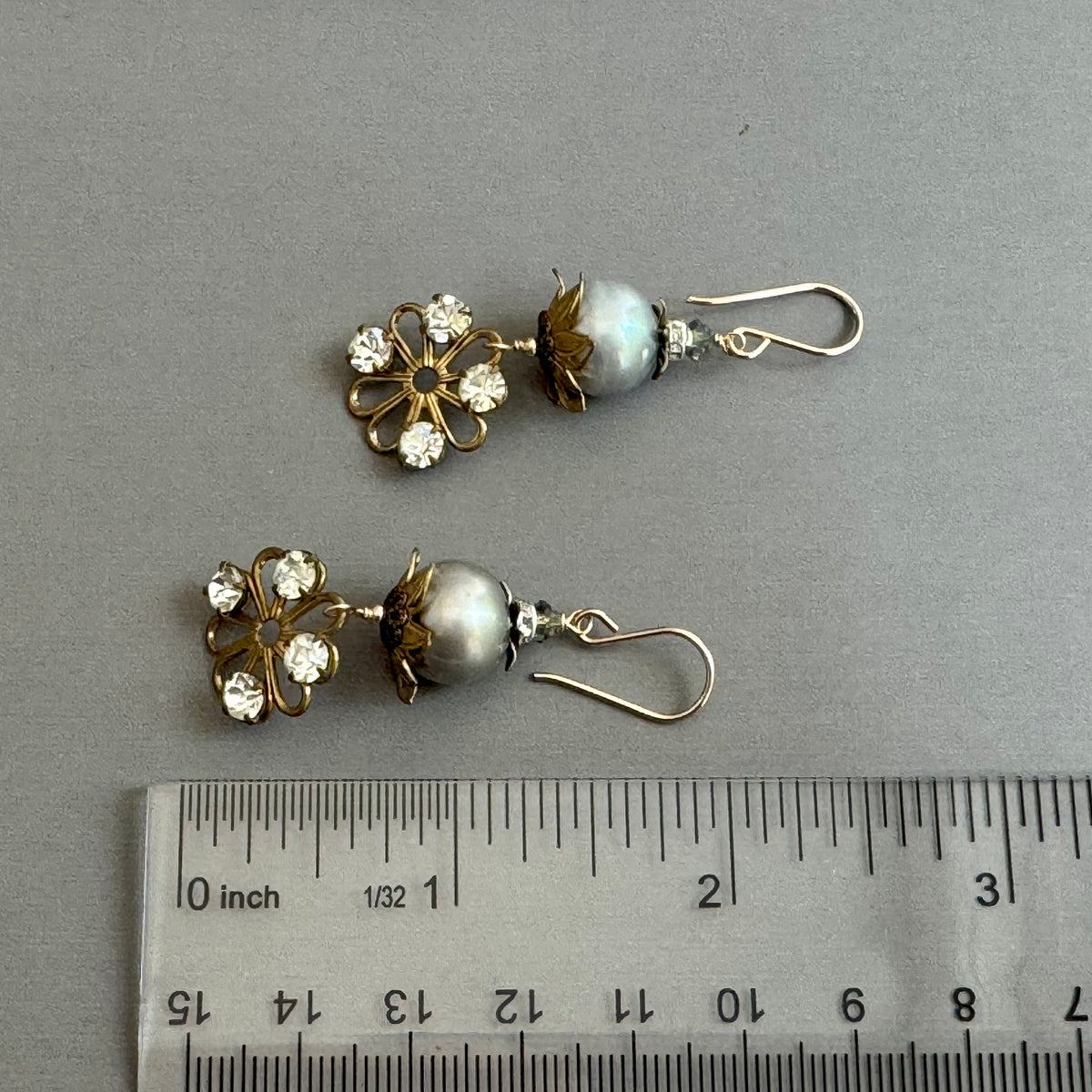 Vintage Swarovski Crystal and Gray Freshwater Pearl Earrings in 14K Gold Fill