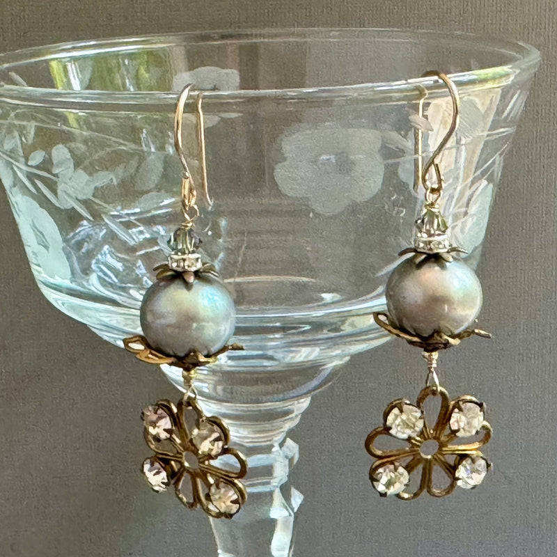 Vintage Swarovski Crystal and Gray Freshwater Pearl Earrings in 14K Gold Fill