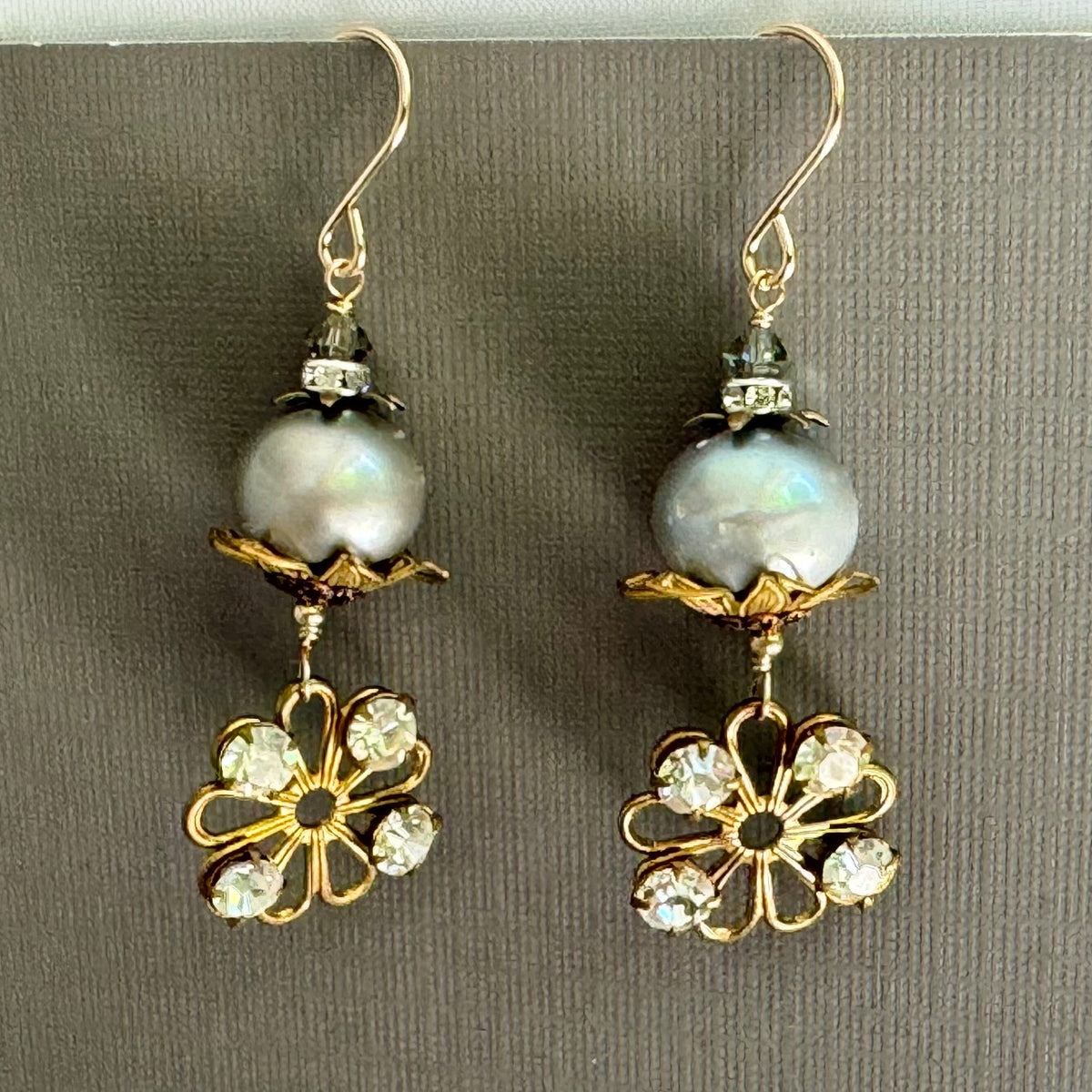 Vintage Swarovski Crystal and Gray Freshwater Pearl Earrings in 14K Gold Fill