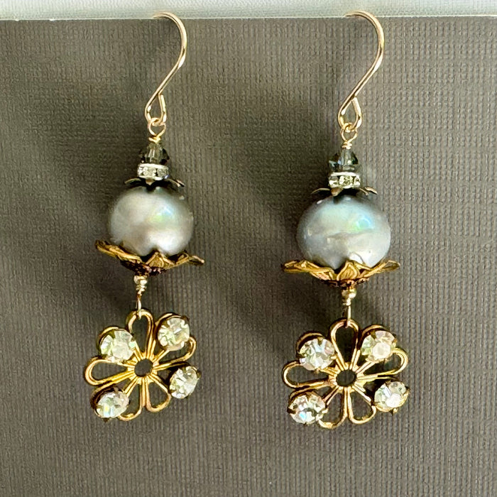 Vintage Swarovski Crystal and Gray Freshwater Pearl Earrings in 14K Gold Fill