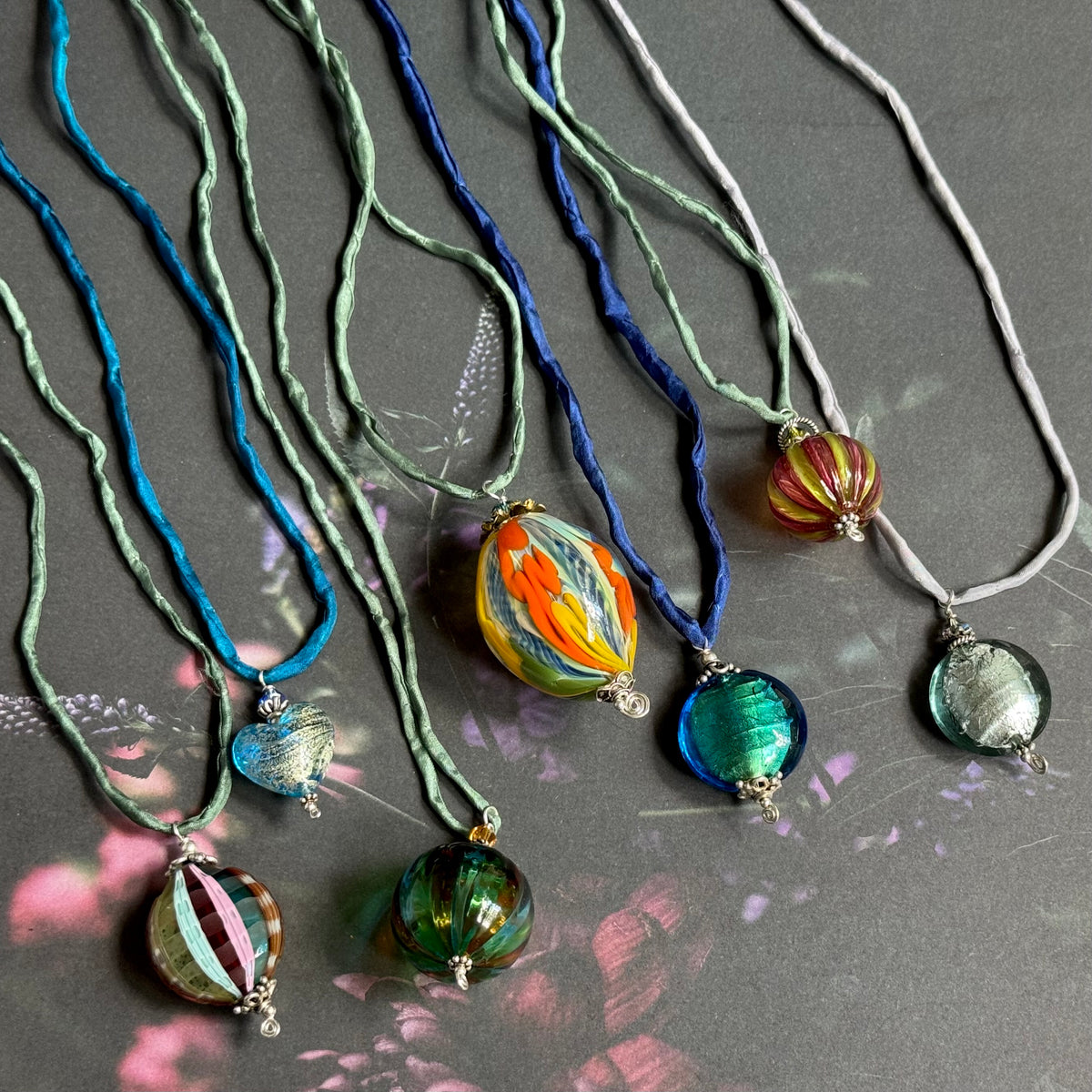 Mouth Blown Murano Glass Pendant Necklace on Light Green Cord