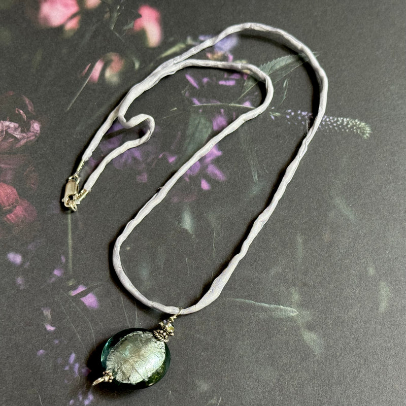Murano Glass Grey Disk on Silk Cord