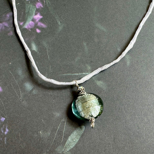 Murano Glass Grey Disk on Silk Cord