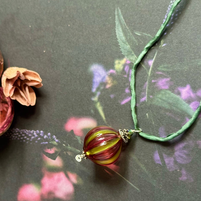 Mouth Blown Murano Glass Pendant in Yellow and Dark Pink on Silk Cord