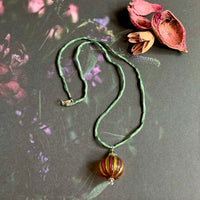 Mouth Blown Murano Glass Pendant in Yellow and Dark Pink on Silk Cord