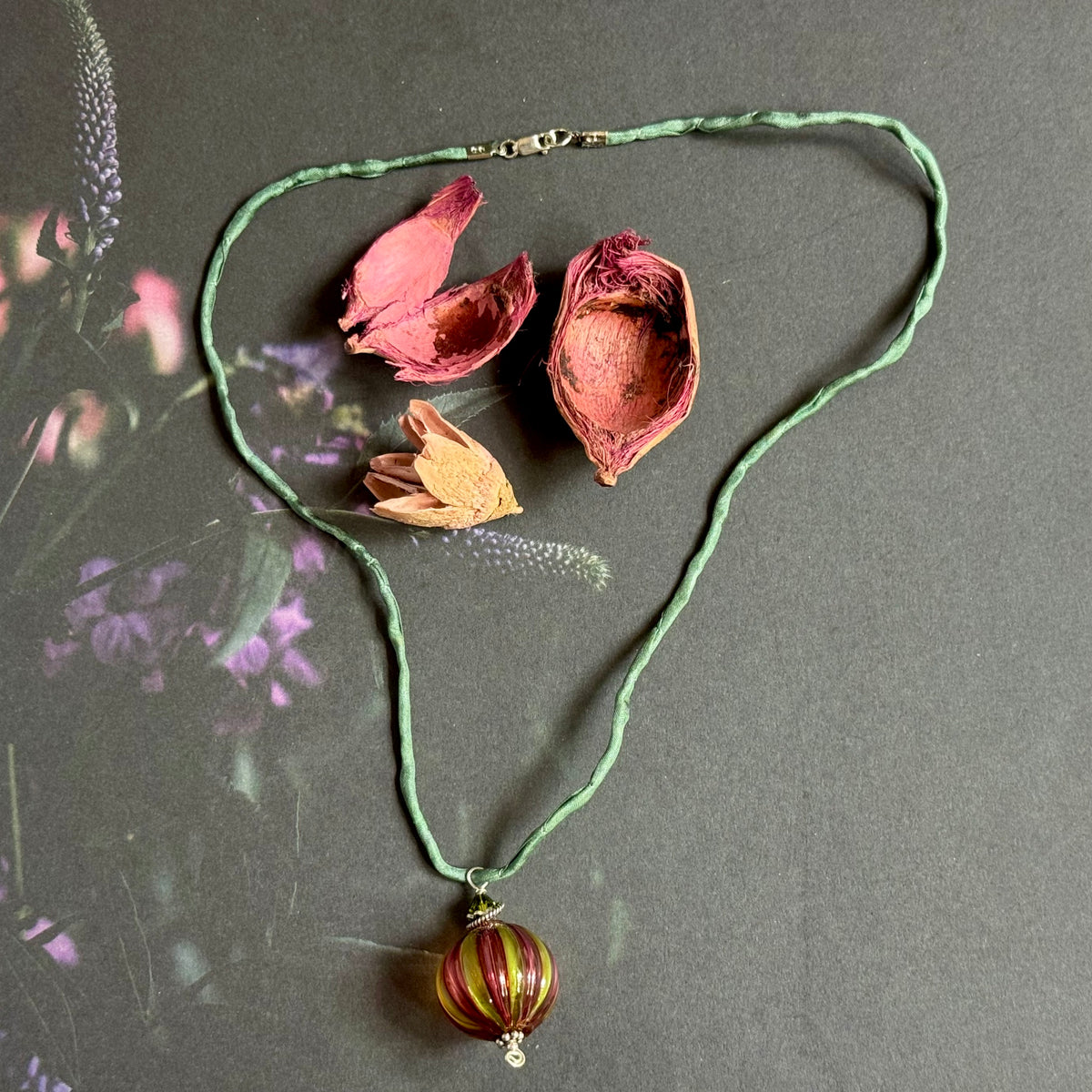 Mouth Blown Murano Glass Pendant in Yellow and Dark Pink on Silk Cord