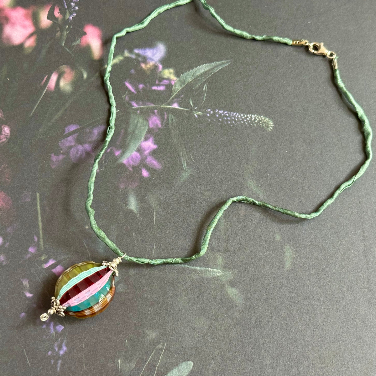 Mouth Blown Pastel Murano Glass Pendant Necklace on Silk Cord
