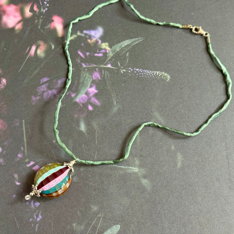 Mouth Blown Pastel Murano Glass Pendant Necklace on Silk Cord