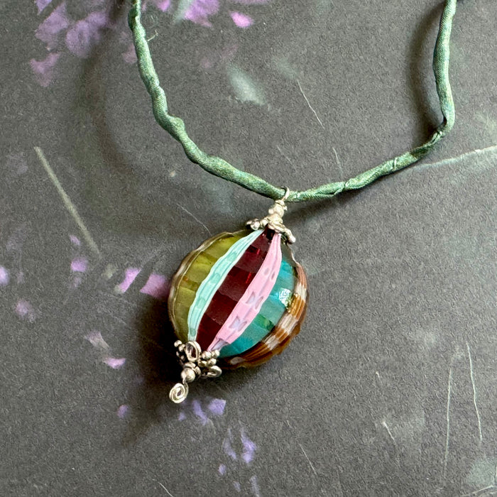 Mouth Blown Pastel Murano Glass Pendant Necklace on Silk Cord