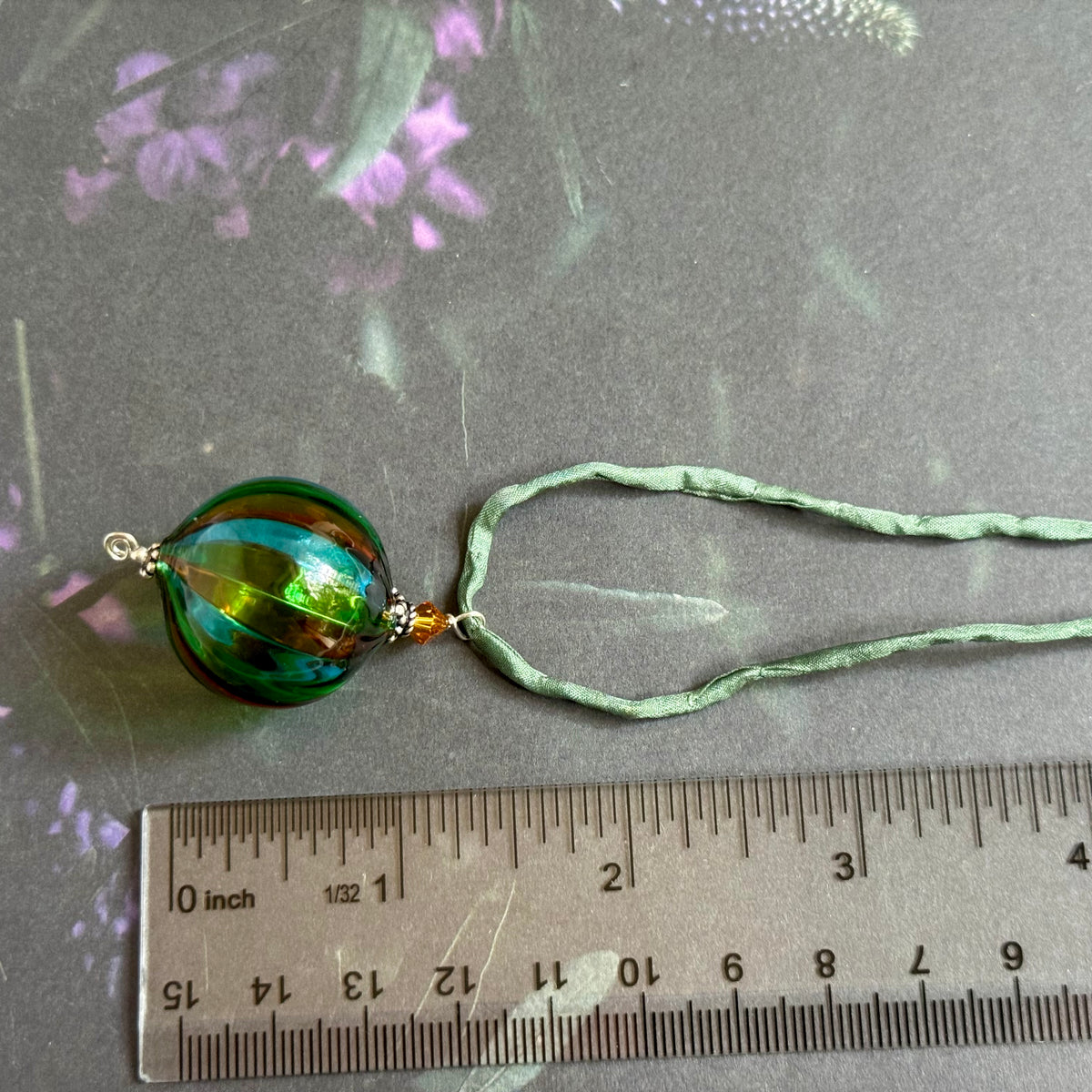 Mouth Blown Murano Glass Pendant Necklace on Light Green Cord
