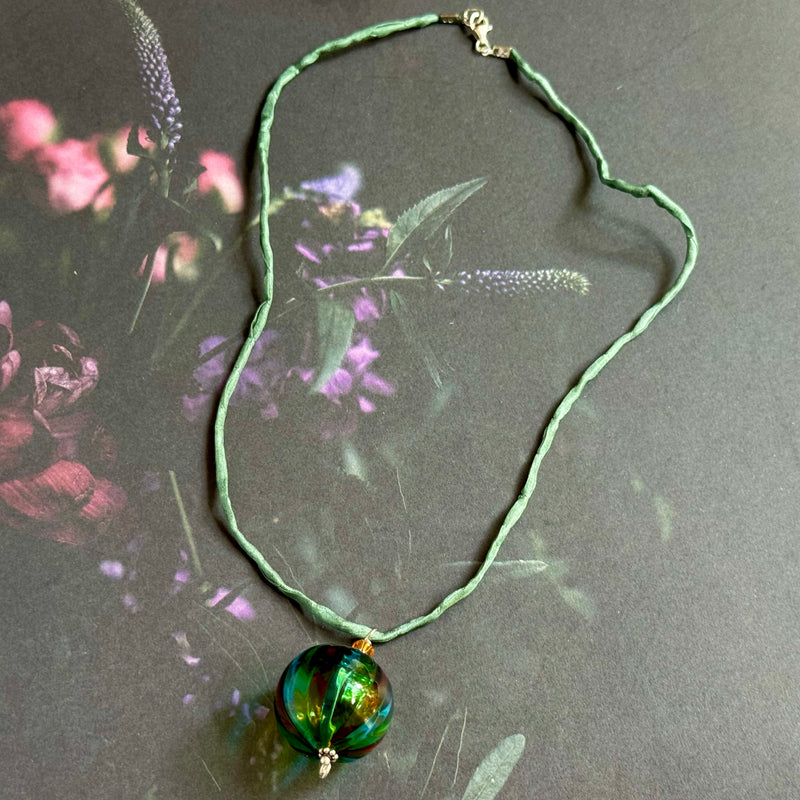 Mouth Blown Murano Glass Pendant Necklace on Light Green Cord