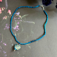 Venetian Foil Blue and Silver Heart Pendant Necklace on Silk Cord