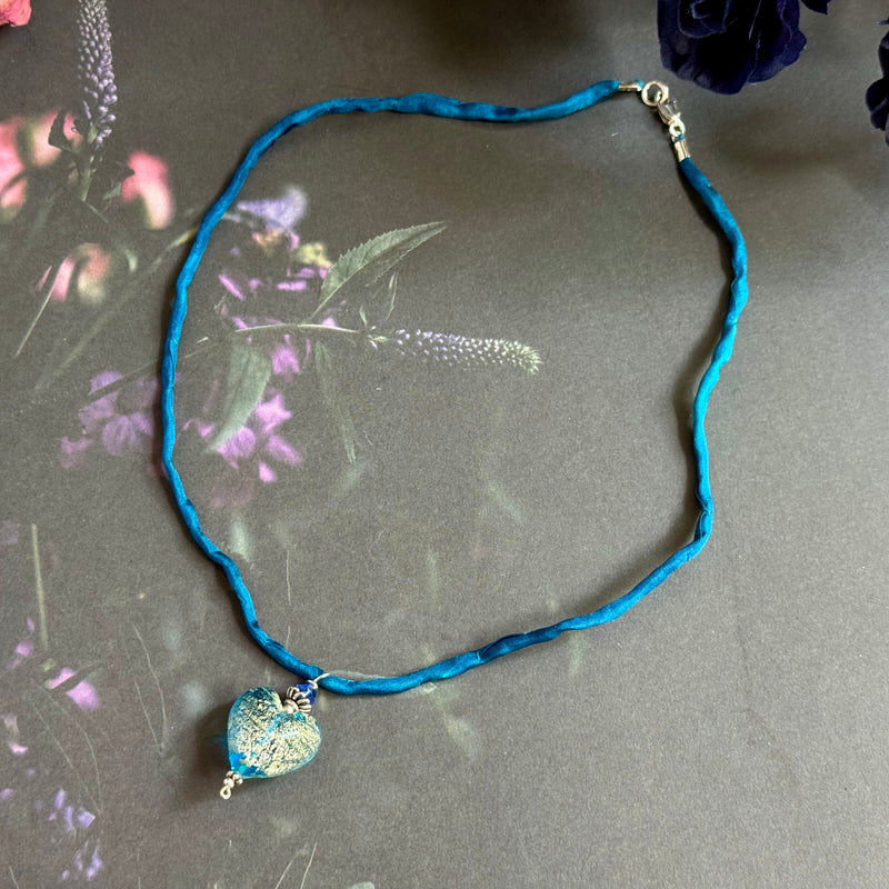 Venetian Foil Blue and Silver Heart Pendant Necklace on Silk Cord