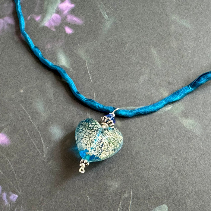 Venetian Foil Blue and Silver Heart Pendant Necklace on Silk Cord