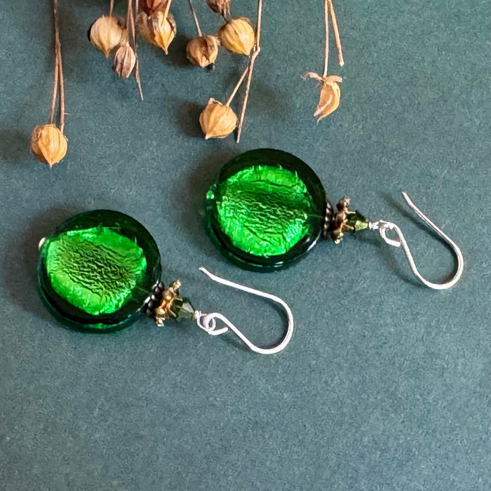 Bright Green Venetian Foil Coin Earrings in Sterling Silver