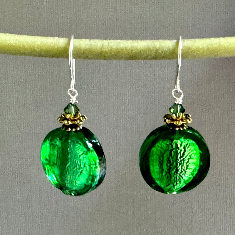 Bright Green Venetian Foil Coin Earrings in Sterling Silver
