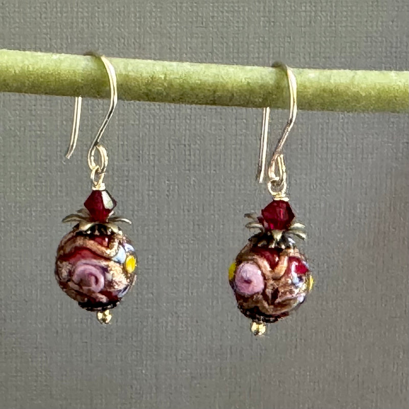 Dark Red Murano Glass Wedding Cake Earrings in 14K Gold Fill