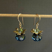Vintage Swarovski Crystal Denim Blue Rondell Earrings in 14K Gold Fill