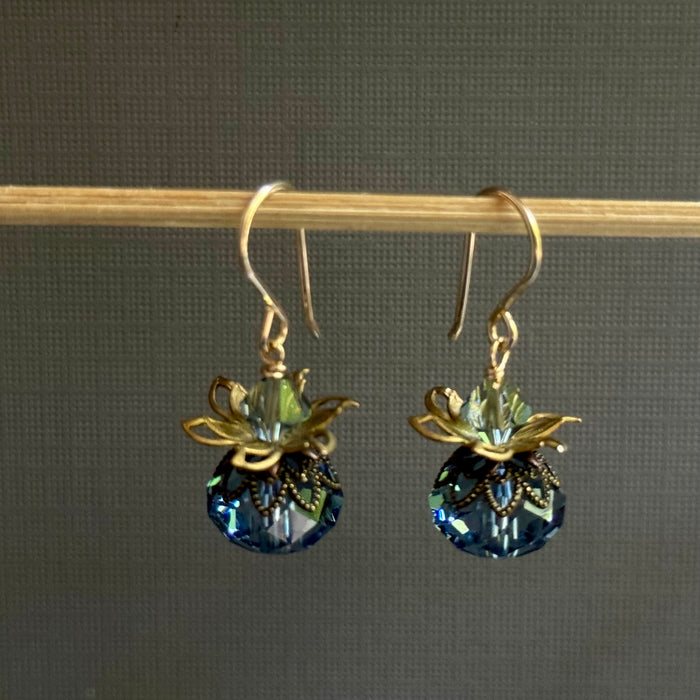 Vintage Swarovski Crystal Denim Blue Rondell Earrings in 14K Gold Fill