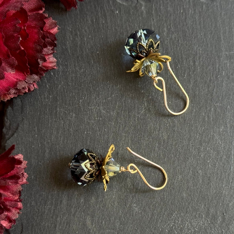 Vintage Swarovski Crystal Denim Blue Rondell Earrings in 14K Gold Fill