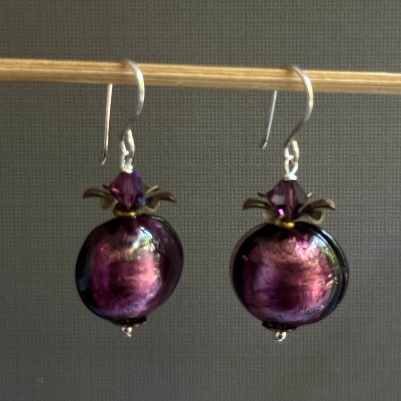 Vintage Venetian Foil Purple Puffed Coin Earrings in Sterling Silver