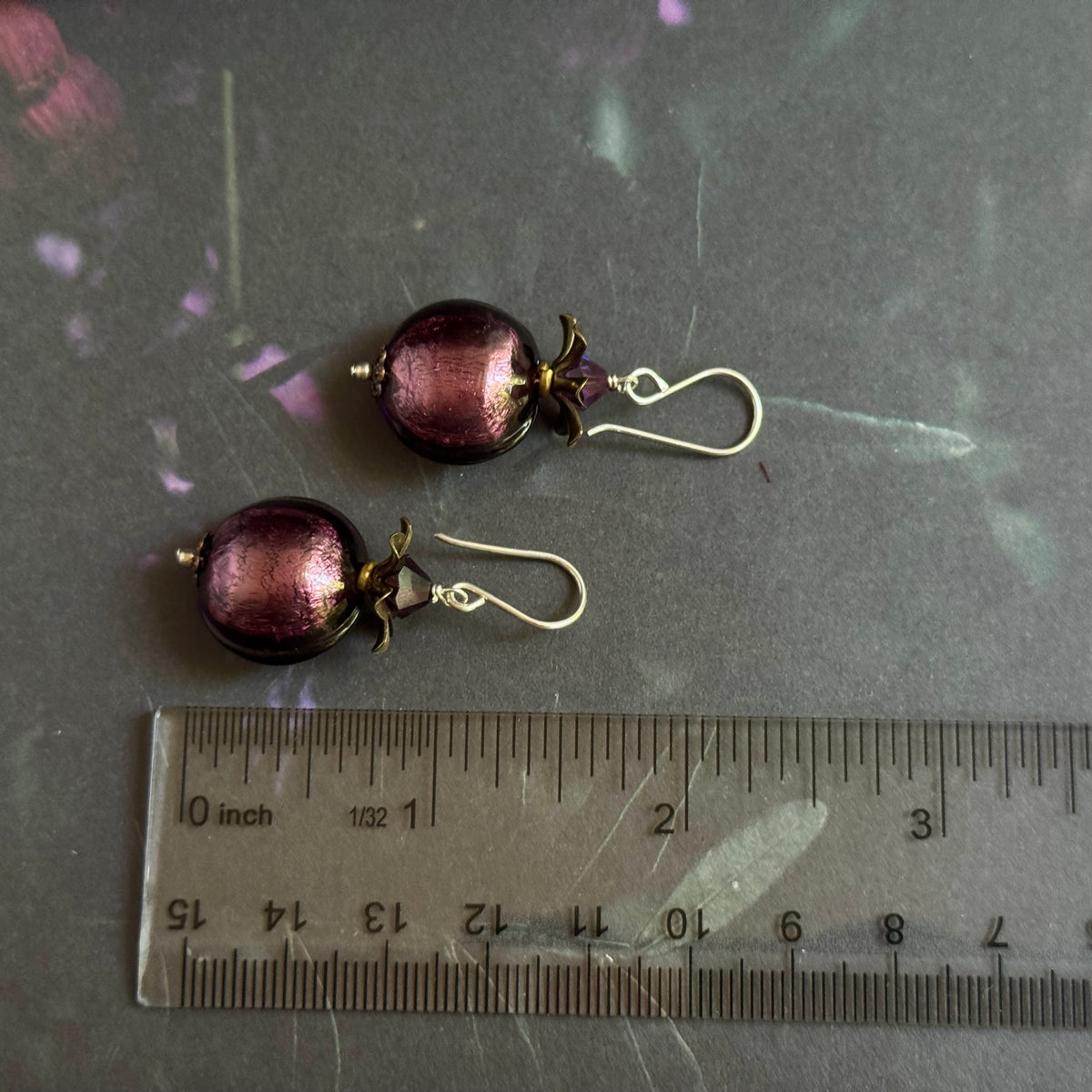 Vintage Venetian Foil Purple Puffed Coin Earrings in Sterling Silver